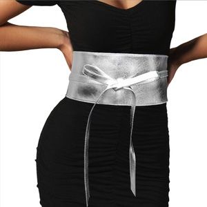 Metallic Silver Vegan Leather Adjustable Obi Wrap Statement Belt